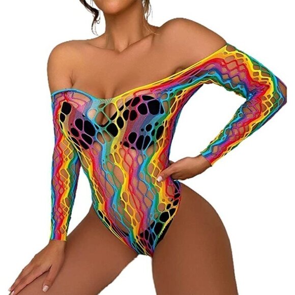 𝅺🌈 Rainbow Fishnet Stockings Mesh Lingerie Bodysuit Party Rave Boho Cosplay NWT - Picture 4 of 5